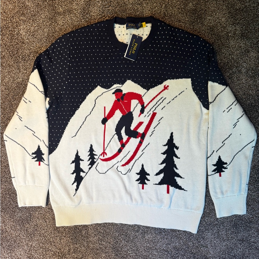Men's Skiing Pattern Sweater - Black, White, Red NWT Size XXL - Picture 2 of 7